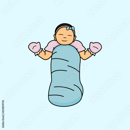 Newborn girl in blue wrap. Wearing pink clothes. Cute baby girl sleeping.