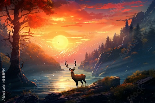A deer standing amidst a captivating sunset. Generative AI © Hadas