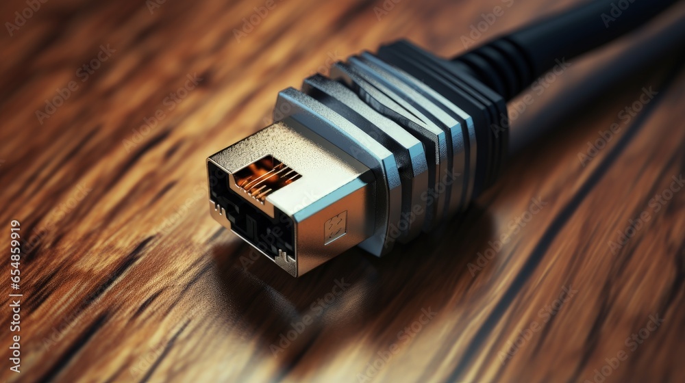 Close up macro view of an RJ45 network cable connector with a wooden background