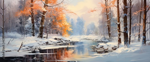 Fototapeta piękny widok lasu i rzeki w zimie
