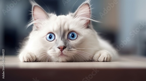 Blue eyed white ragdoll cat appearing angry and surprised on the table © vxnaghiyev