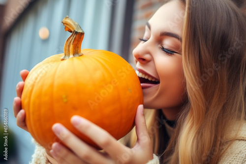 A picture of a young woman holding a pumpkin and blowing a kiss at home on a fall day, happy thanksgiving images photo