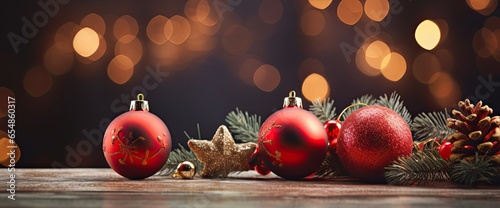 Widok świątecznych dekoracji z choinką i bąbkami świątecznymi.