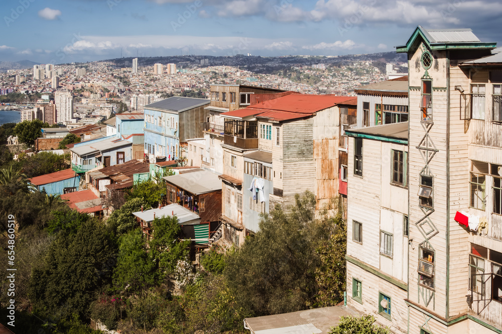 View of the traditional and colorful buildings of Valparaiso, Chile