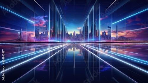 Contemporary tunnel flyover road with cityscape backdrop featuring neon lights and glass fa  ade