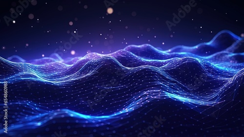 AI technology and 3D illustrated music waves are utilized for digital communication and scientific research in the flow of big data through blockchain data fields connected via network lines