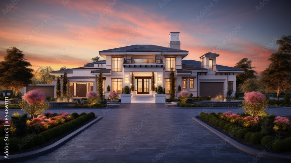 Luxurious house with wide driveway and vibrant sunset backdrop