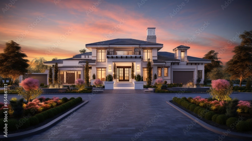 Luxurious house with wide driveway and vibrant sunset backdrop Stock ...