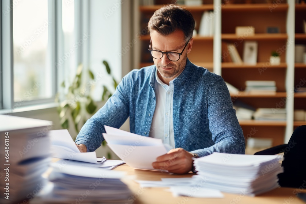 Business manager in blue shirt is works with business documents in the office. Overworking concept Business manager in blue shirt is works with business documents in the office. Overworking concept