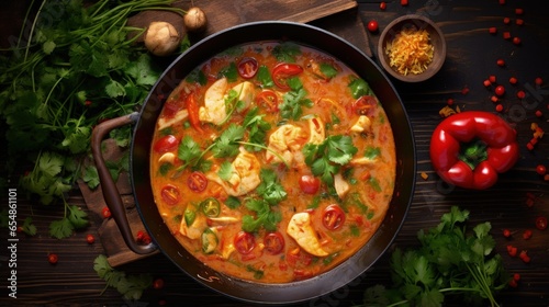 Coconut milk based fish stew with tomatoes red pepper coriander on dark wooden table