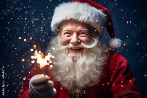 Santa celebrating New Year, holding sparkler or bengal light
