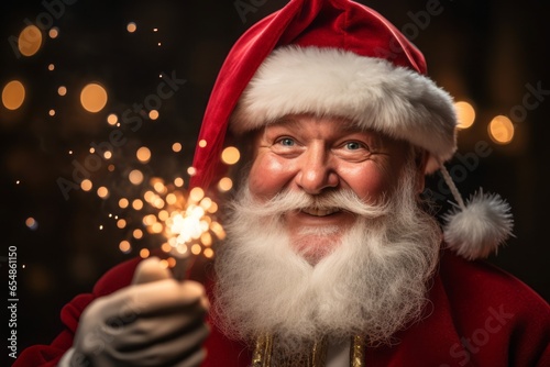 Santa celebrating New Year, holding sparkler or bengal light