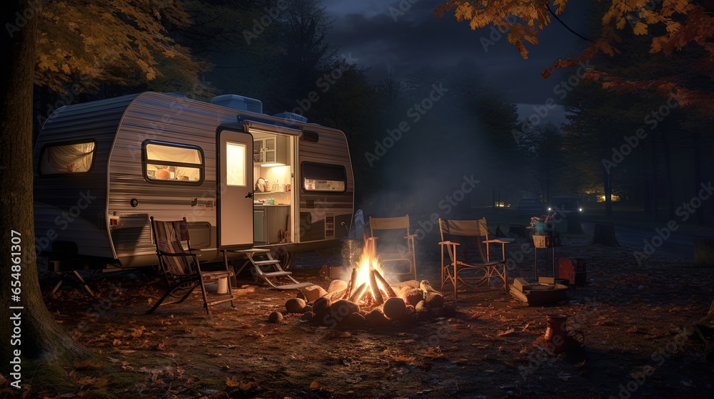 Nighttime camping with water heated over an open fire near the trailer - obrazy, fototapety, plakaty 