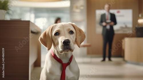 Labrador puppy and owner at a modern vet s reception