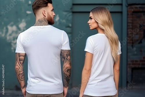 Young couple wearing white casual t-shirt mockup template