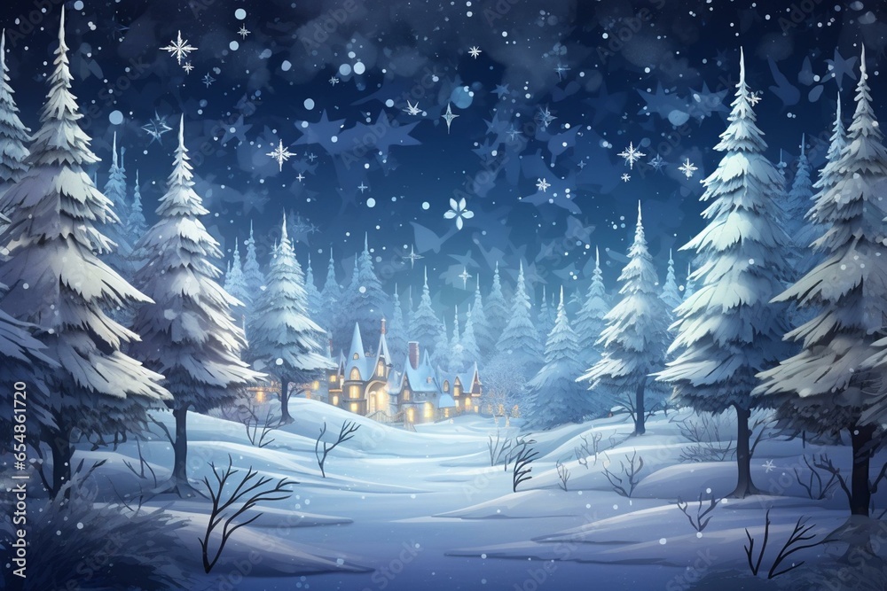 A festive wintery scene adorned with snowflakes, trees, and ornaments. Generative AI - obrazy, fototapety, plakaty 