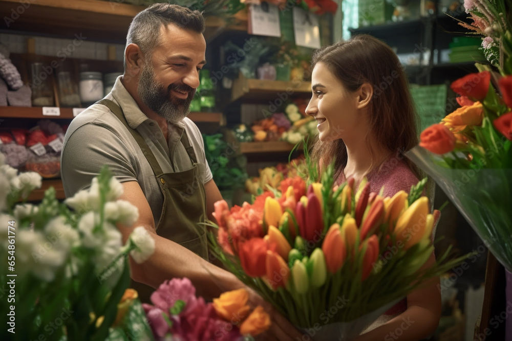 A photo of a young woman working at a flower shop helping a man choose a bouquet of flowers, black firday photo