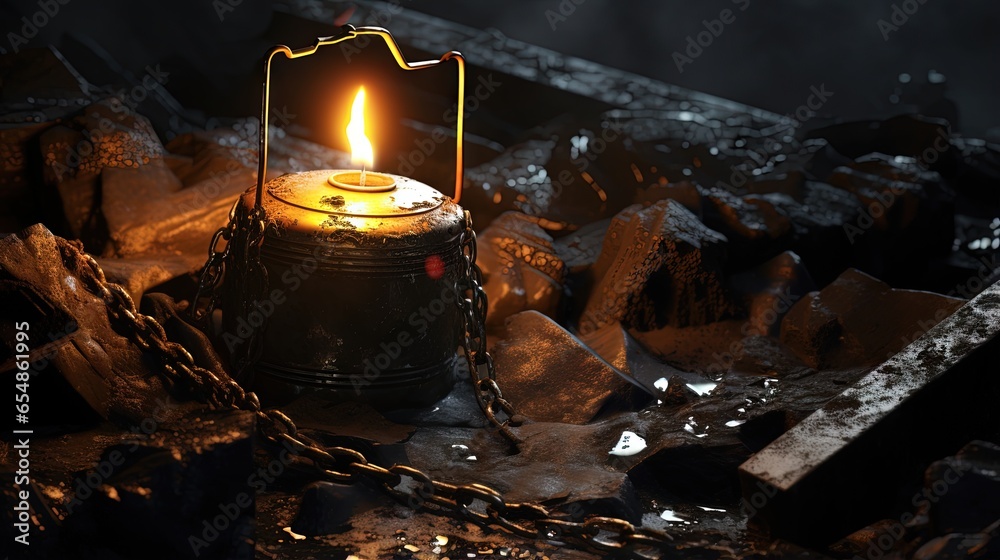 Candle and coal in a graveyard after a mine accident - obrazy, fototapety, plakaty 