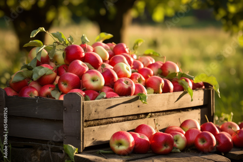Red apples in boxes on the green grass in autumn orchard. Apple harvest and picking apples on farm in autumn.