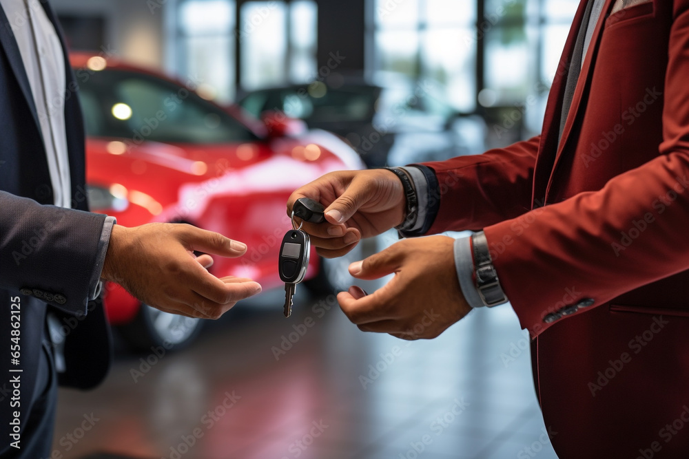 Picture of a car salesperson giving a car key to a customer at a new