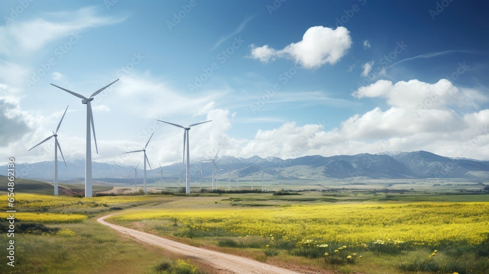 Spring in South Africa wind turbines in bloom - obrazy, fototapety, plakaty 