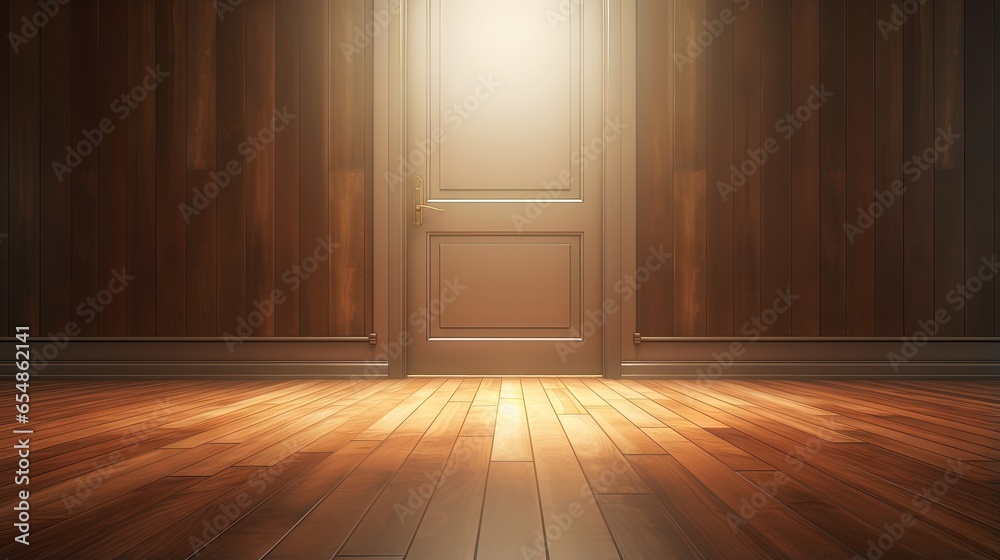 Closeup of an empty wooden floor with light reflecting on room ceiling and doors Closeup of an empty wooden floor with light reflecting on room ceiling and doors