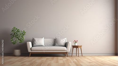 3D rendering of living room mockup with warm toned wall gray armchair sofa and wooden flooring