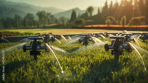Smart autonomous sprinklers installed under turf for automatic garden watering system irrigating fruit garden and lawn hills in landscaped design at sunset