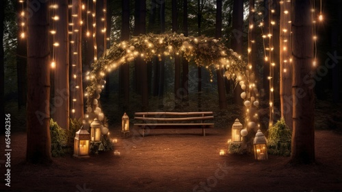 Canvastavla Rustic forest wedding with light bulb lit arch and guest seating