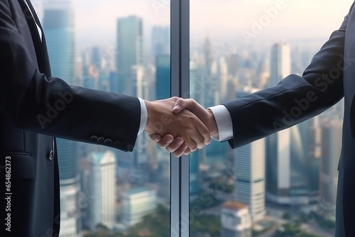 A photo of two businessmen in suits shaking hands at a modern office desk, black firday photo