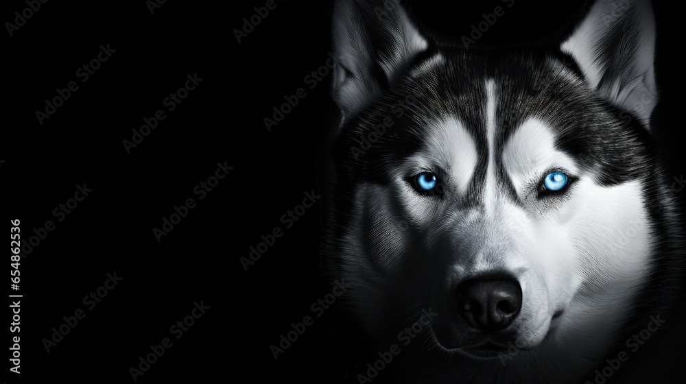 Black background Siberian Husky with blue eyes Copy space for text B W photography