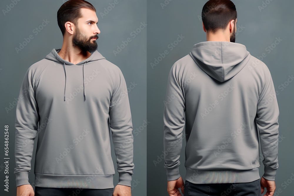 Young man wearing long sleeve hoodie sweatshirt Side view, back and front view mockup template for print t-shirt design mockup - obrazy, fototapety, plakaty 
