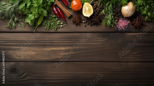 Herbs and spices on wooden ...