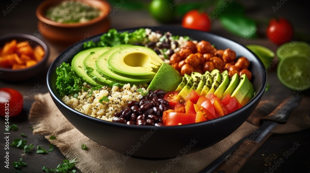 Quinoa and chickpea Buddha bowl promoting vegetarian and vegan cuisine for a healthy lifestyle Quinoa and chickpea Buddha bowl promoting vegetarian and vegan cuisine for a healthy lifestyle