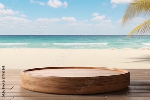 Wooden podium Background for display product. Tropical summer beach in the background