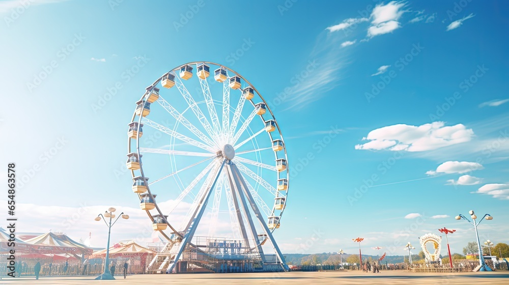 Amusement park s big wheel with blue sky backdrop