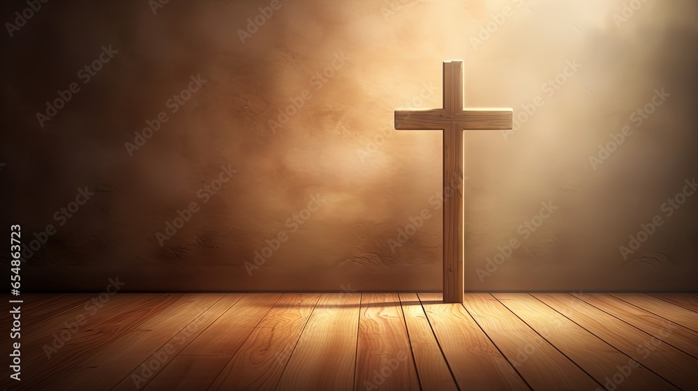 Softly lit background with a wooden Christian cross Space for text