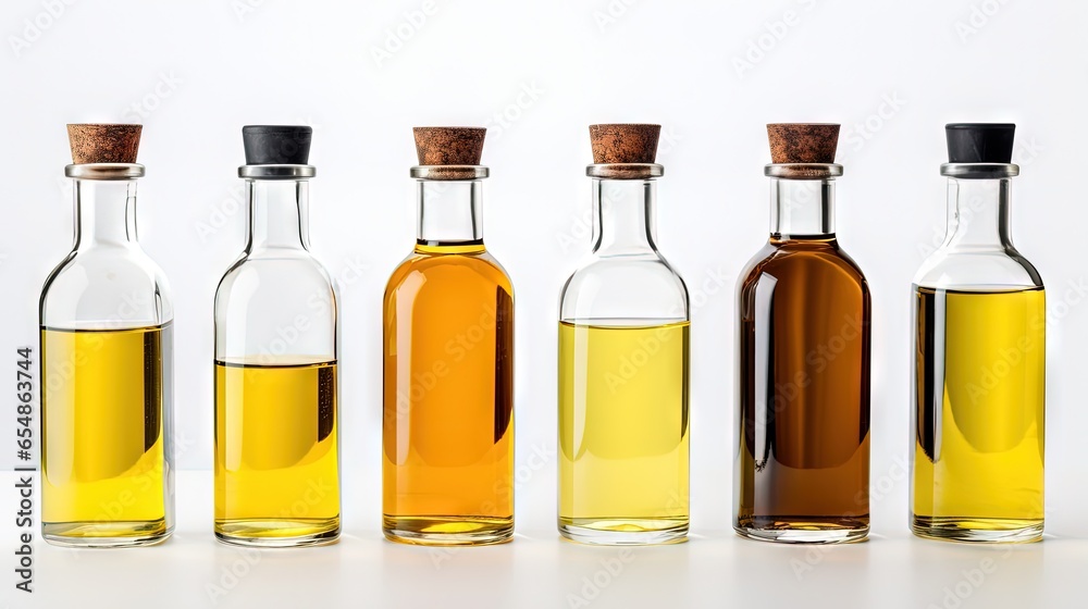 Assorted cooking oil bottles on white background space for text Assorted cooking oil bottles on white background space for text
