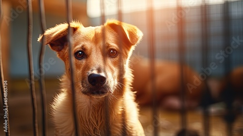 Homeless dog waiting for adoption in shelter cage behind fences
