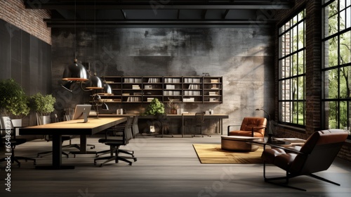 3D rendered office with industrial loft style design including white brick walls polished concrete floors and black steel structure Furnished with dark brown and black leather furniture