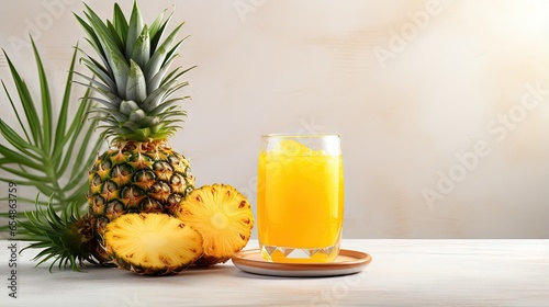 Mexican pineapple beverage in glass on bright table with pineapple pieces and drink bottle in background
