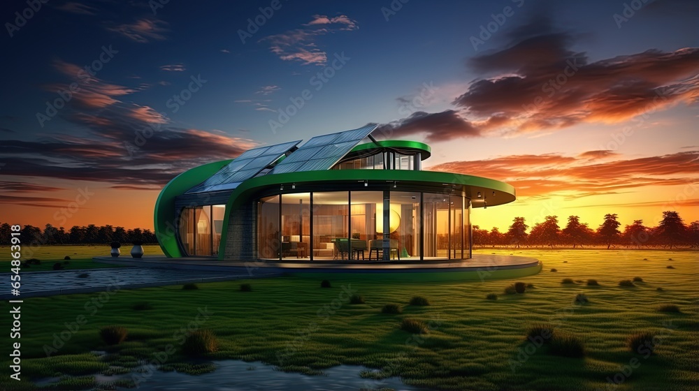 Obraz premium Sustainable house in open field at sunset symbolizing construction and real estate