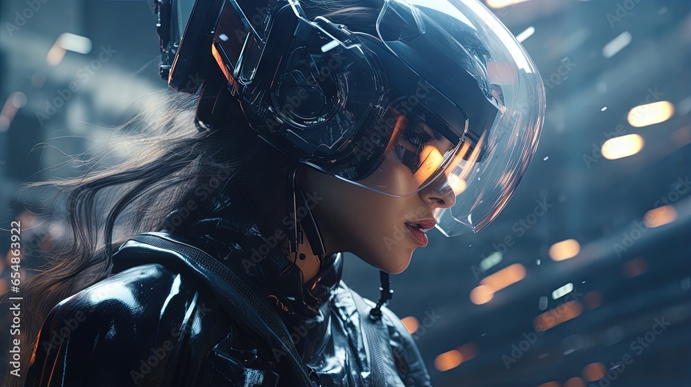 Sci fi cyberpunk girl in futuristic cyber suit High tech futuristic man Virtual reality and cyberpunk concept 3D rendering and illustration - obrazy, fototapety, plakaty 