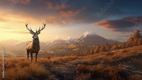 Morning sun shining on red deer