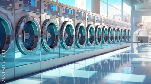 Coin operated washing machines in a public laundromat with silver appliances and dryers in the background