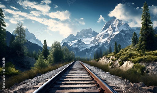macro railroad track in forest mountains, ai generative photo