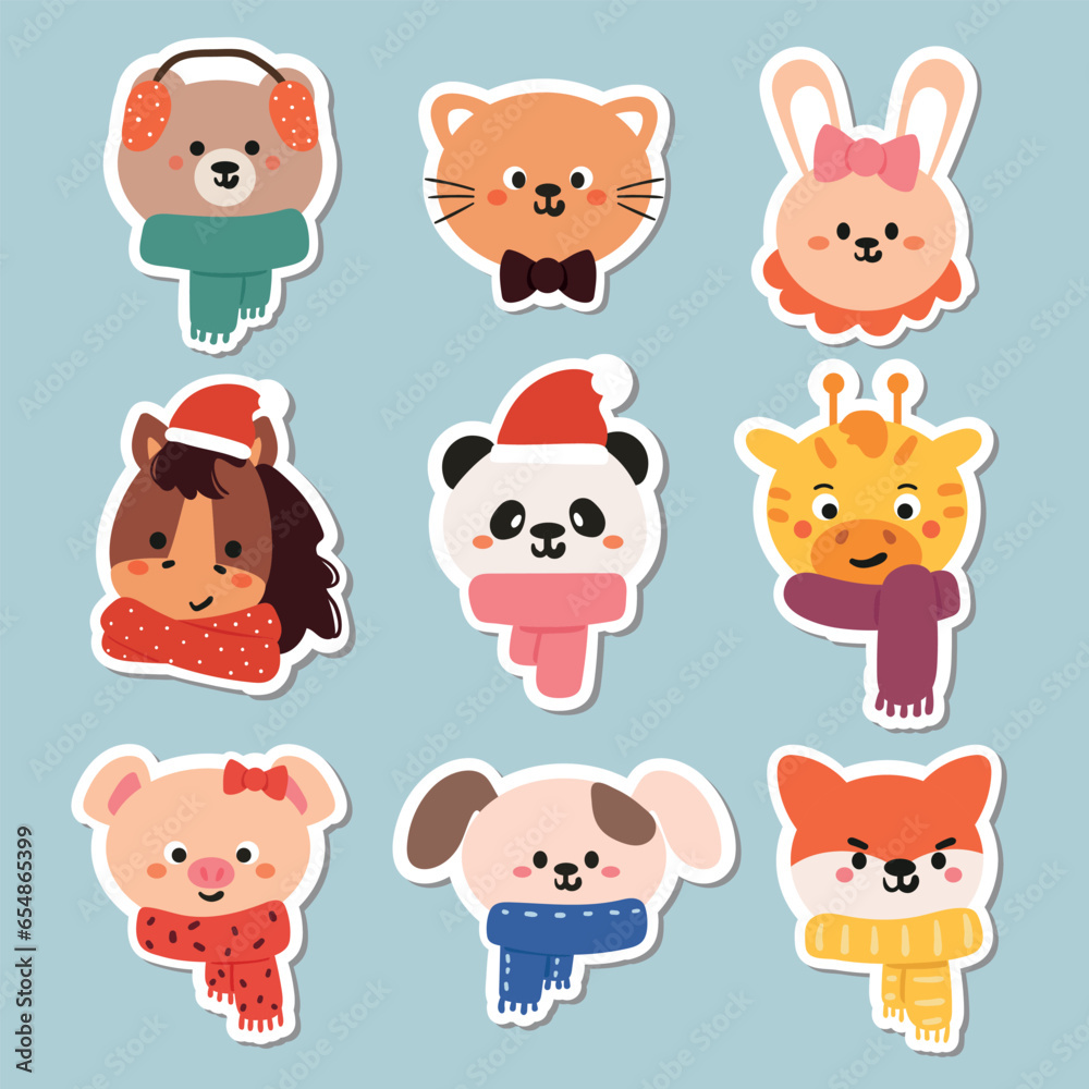 set of cartoon cute winter element sticker. for kids sticker, cute doodle collection, winter sticker set