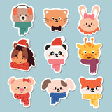 set of cartoon cute winter element sticker. for kids sticker, cute doodle collection, winter sticker set