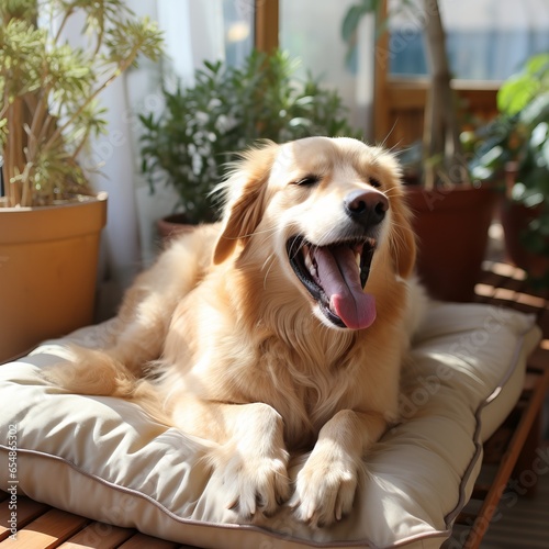 A cute and well-groomed dog looks at the camera. Pet on a soft pontoon. Pet bed for sleeping. Equipped place for rest. Caring for living creatures. © Neuro architect