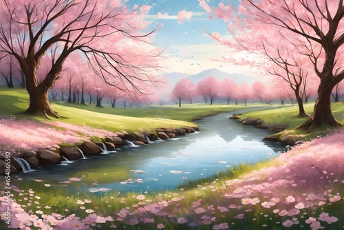 Tranquil scene with colorful blossoms, reflecting in peaceful lake surrounded by nature.